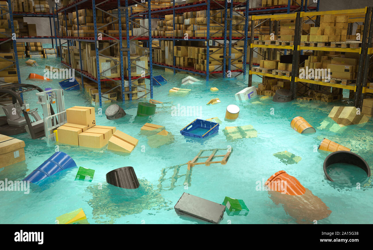3d render image of an interior of a flooded warehouse with goods floating in water. concept of problems and crisis. Stock Photo