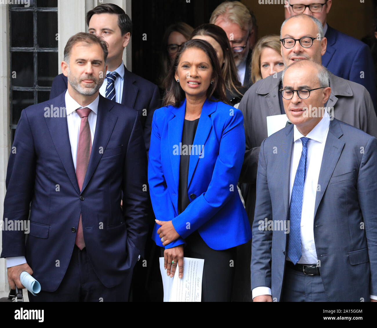 Westminster, London, UK. 24th Sep, 2019. Gina Miller speaks after winning the case, with Lord Pannick on her right side. The Supreme Court case ruling on the suspension of Parliament by the Prime Minister is announced at the court in Westminster this morning - the ruling outcome was against the government, judges found unanimously that that prorogation was illegal. Credit: Imageplotter/Alamy Live News Stock Photo