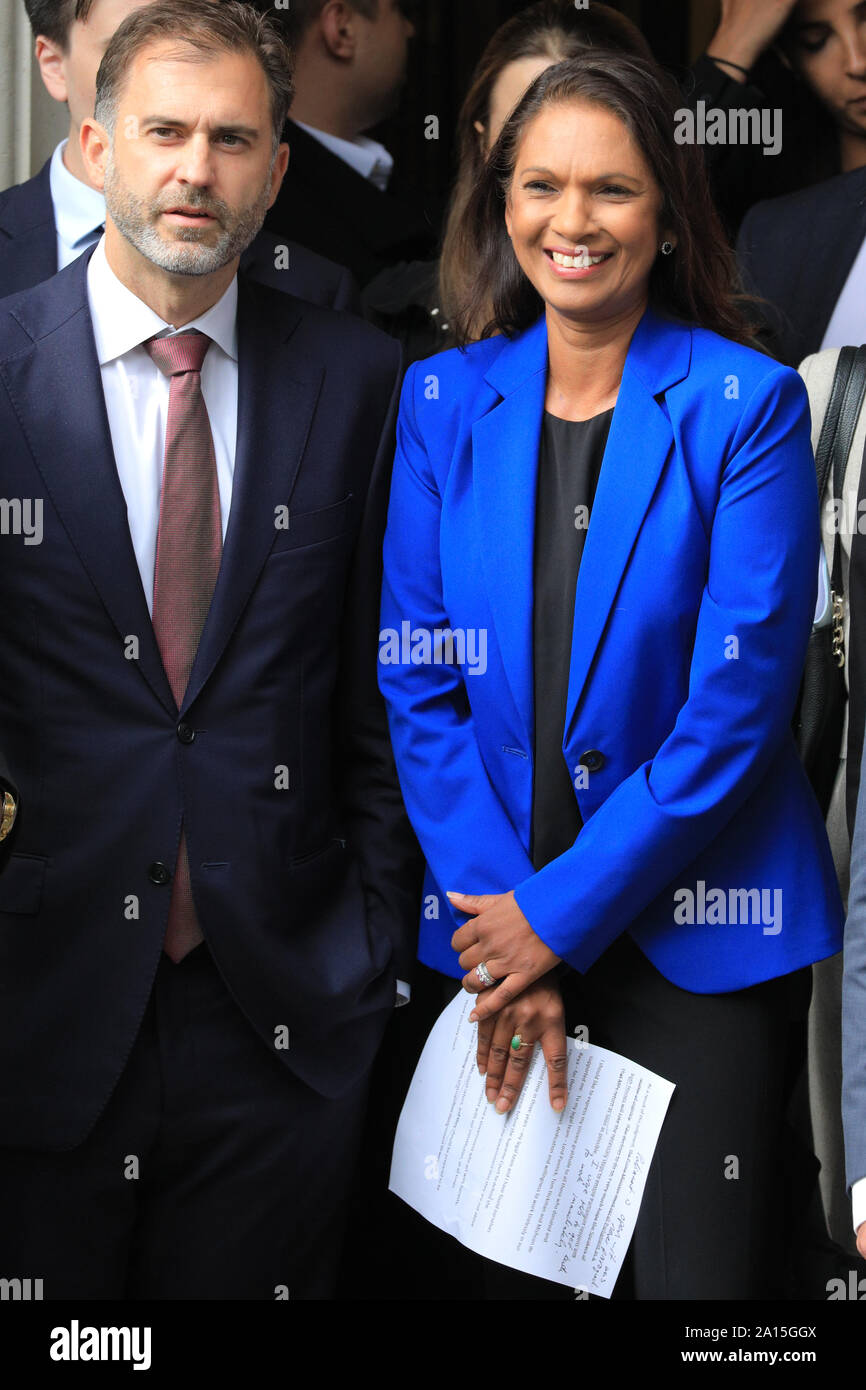 Westminster, London, UK. 24th Sep, 2019. Gina Miller speaks after winning the case. The Supreme Court case ruling on the suspension of Parliament by the Prime Minister is announced at the court in Westminster this morning - the ruling outcome was against the government, judges found unanimously that that prorogation was illegal. Credit: Imageplotter/Alamy Live News Stock Photo