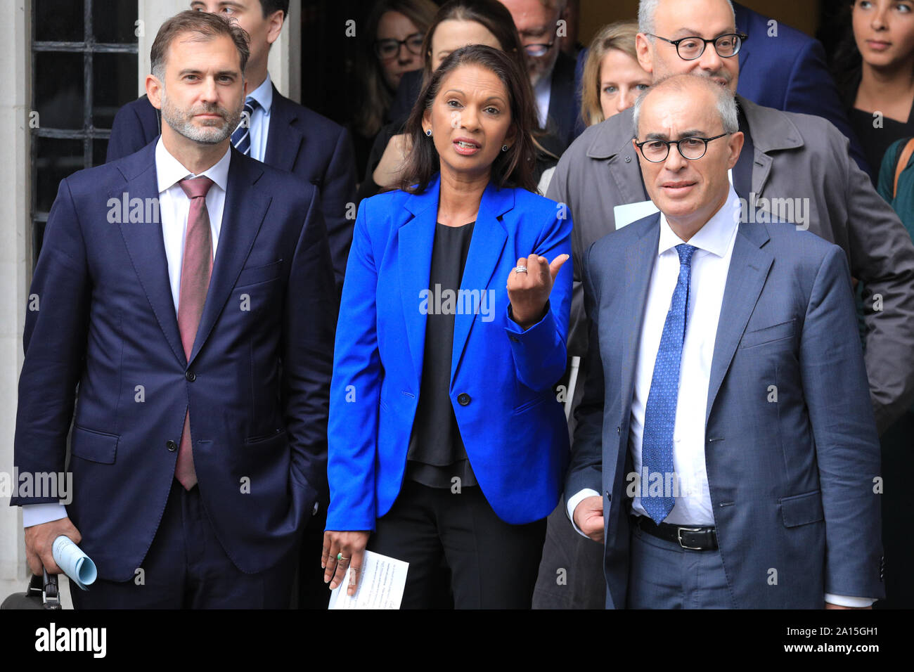 Westminster, London, UK. 24th Sep, 2019. Gina Miller speaks after winning the case, with Lord Pannick on her right side. The Supreme Court case ruling on the suspension of Parliament by the Prime Minister is announced at the court in Westminster this morning - the ruling outcome was against the government, judges found unanimously that that prorogation was illegal. Credit: Imageplotter/Alamy Live News Stock Photo