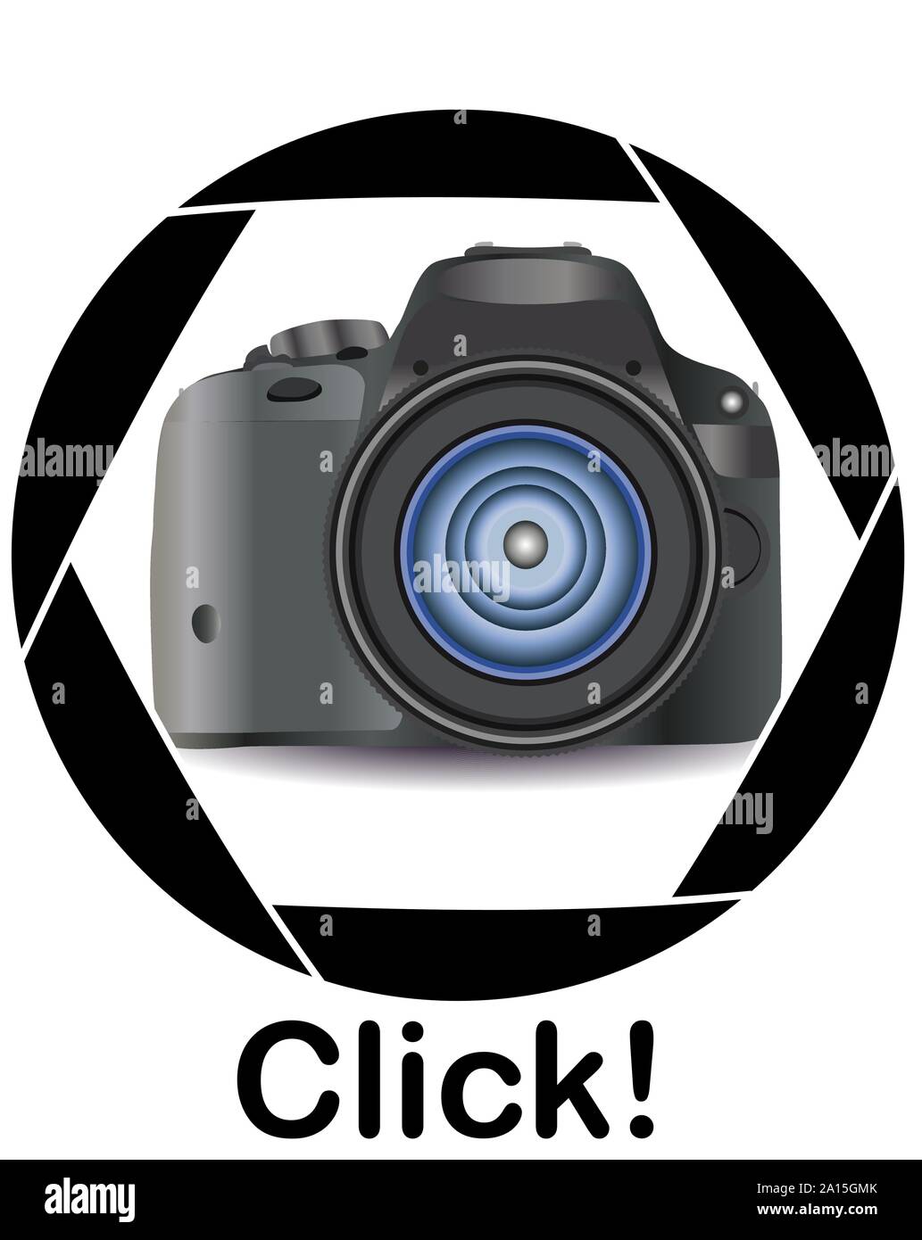 A realistic modern camera in the frame of the camera's diaphragm. Concept photography, vocations, photo business. Inscription Click Stock Vector