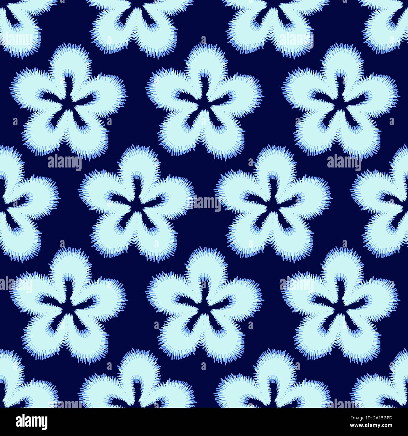 seamless vector pattern with simple embroidered flowers in indigo blue Stock Vector