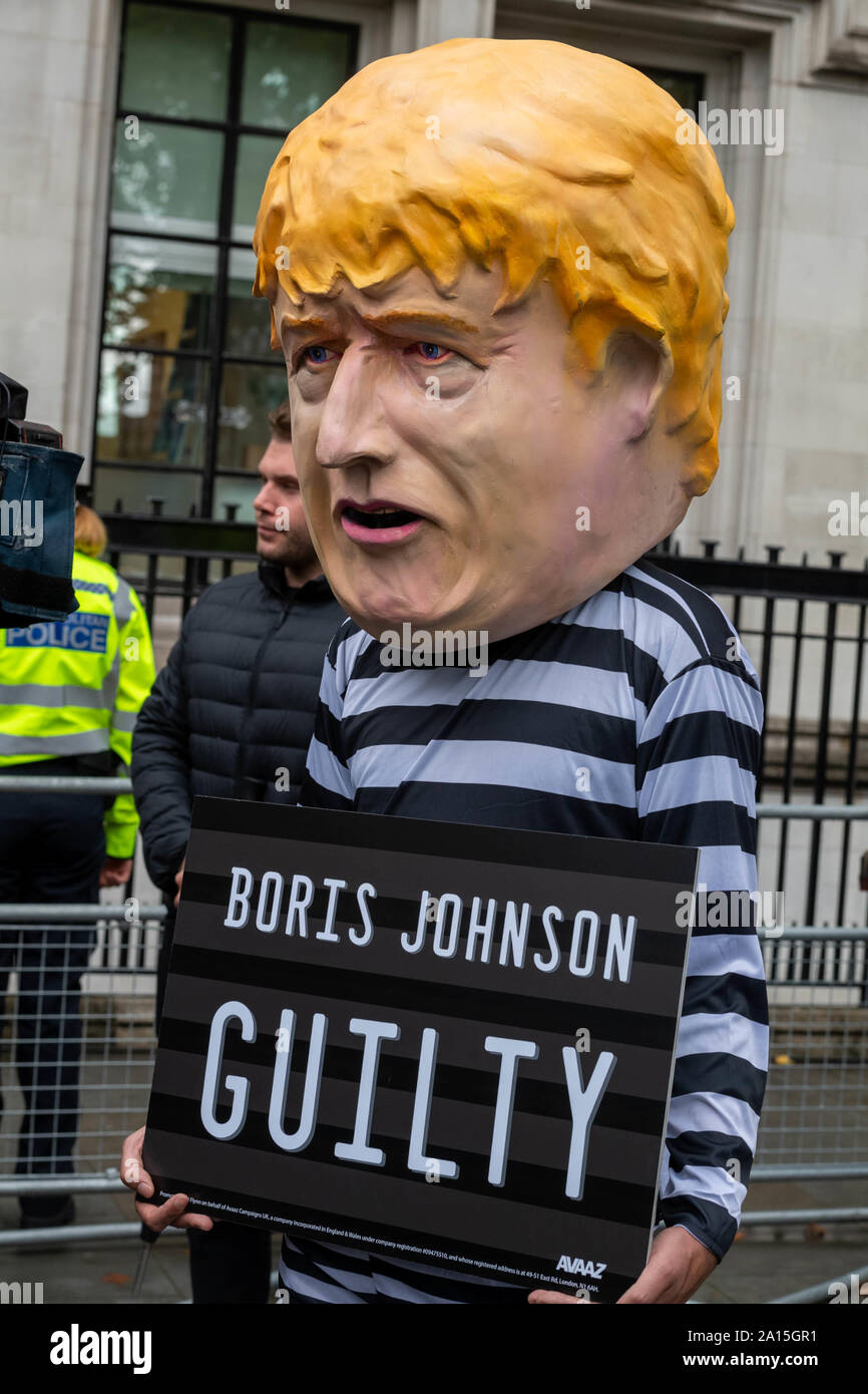 London UK, 24th Sept. 2019 The UK Supreme Court rules that Boris Johnson MP PC Prime Minister's prorogation of Parliament was unlawful  A Boris Johnson effigy outside the Supreme court  Credit Ian DavidsonAlamy Live News Stock Photo