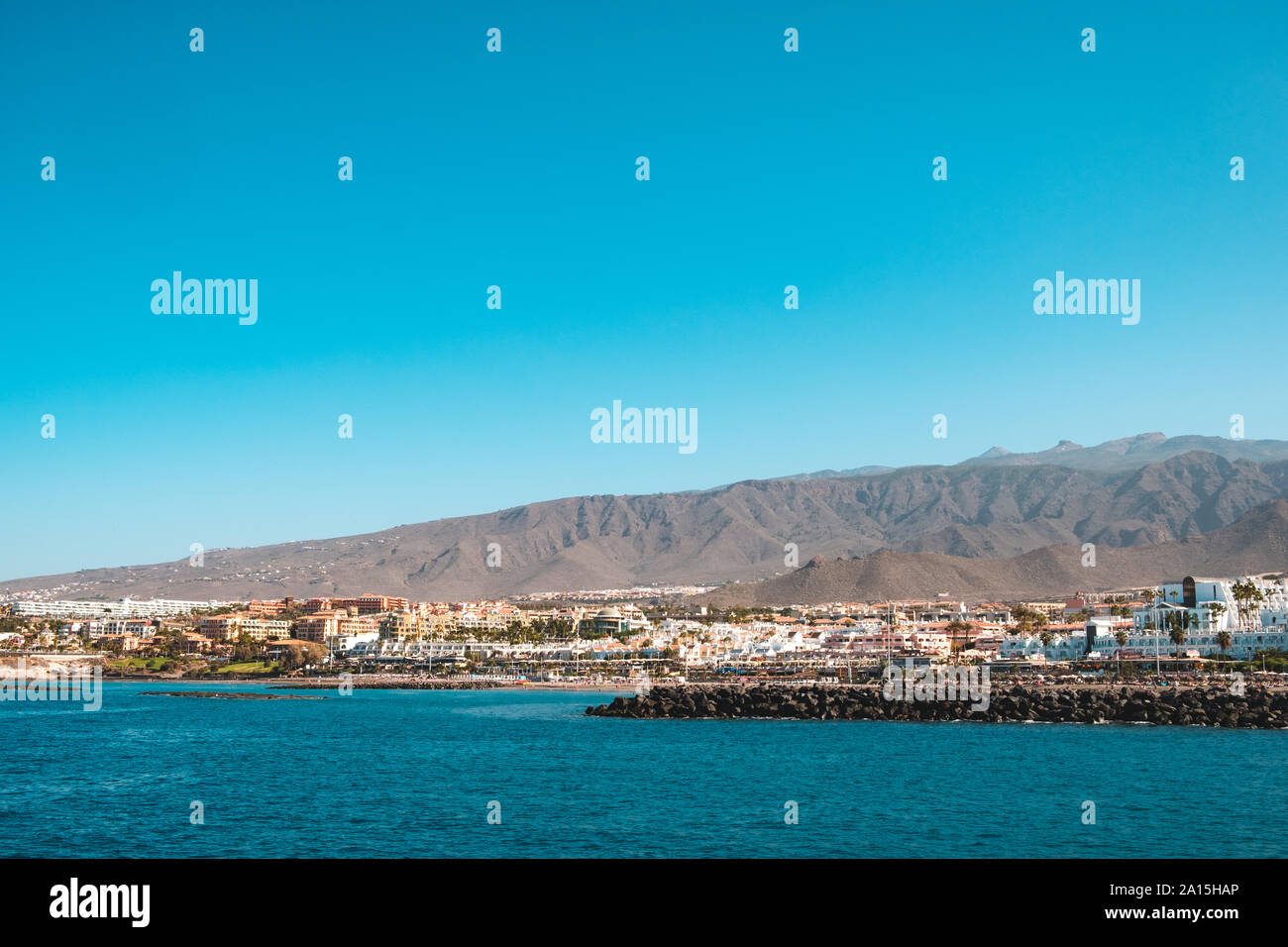 Tenerife, Spain august 2019 City and hotel buildings at coast of south Tenerife, Costa Adeje