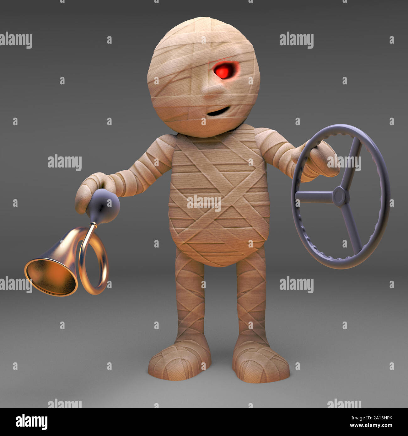 Halloween 3d cartoon Egyptian mummy monster holding a steering wheel and  car horn, 3d illustration render Stock Photo - Alamy