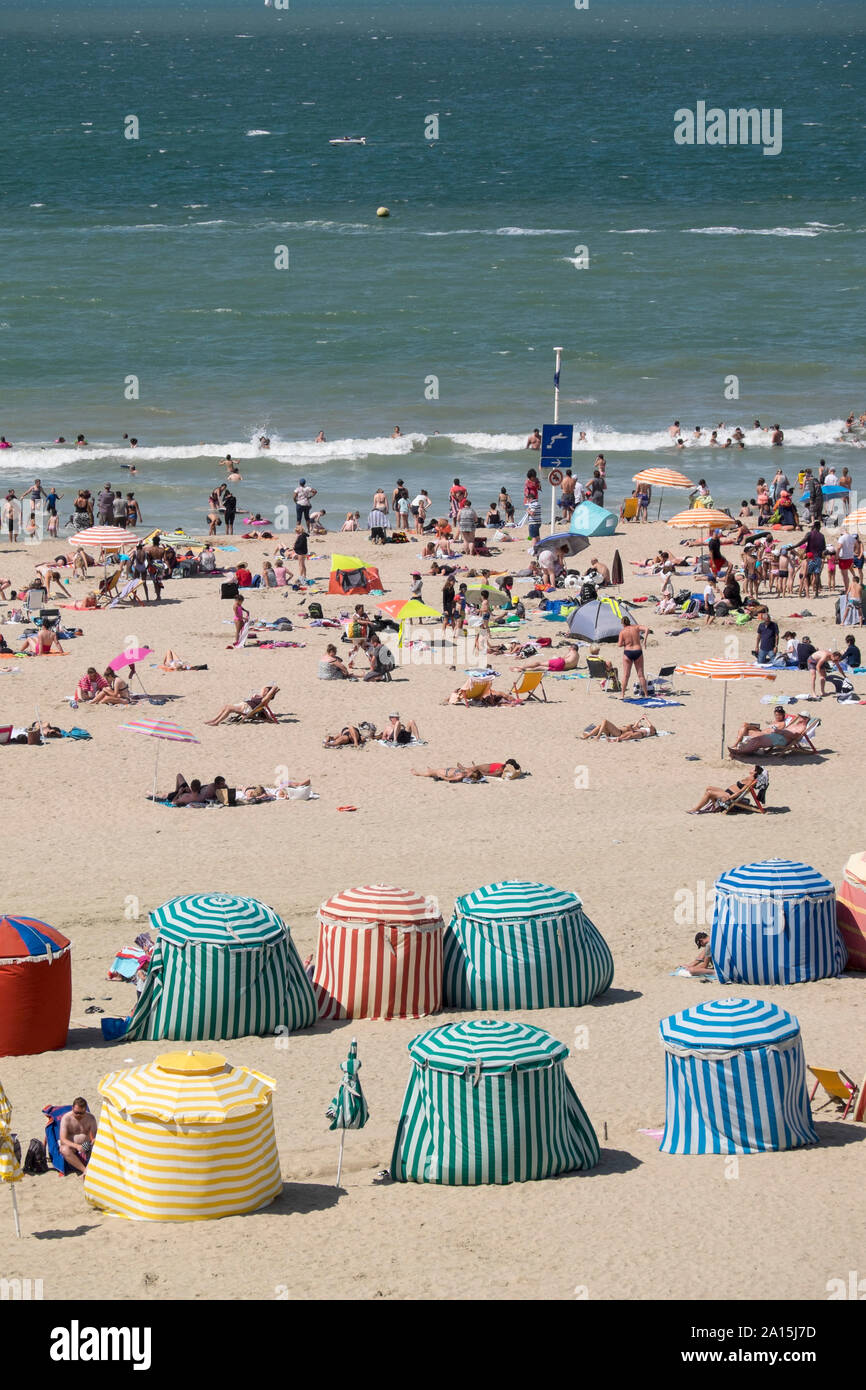 Trouville-sur-Mer (Normandy, north-western France): the beach with sunshades Stock Photo