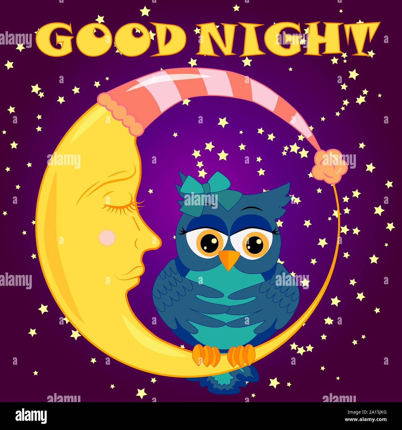 Good Night Card With Sleeping Moon And Cute Owl Cute Cartoon Owl Coquettish Sitting Dormant On The Crescent Against The Night Sky With Stars Stock Vector Image Art Alamy