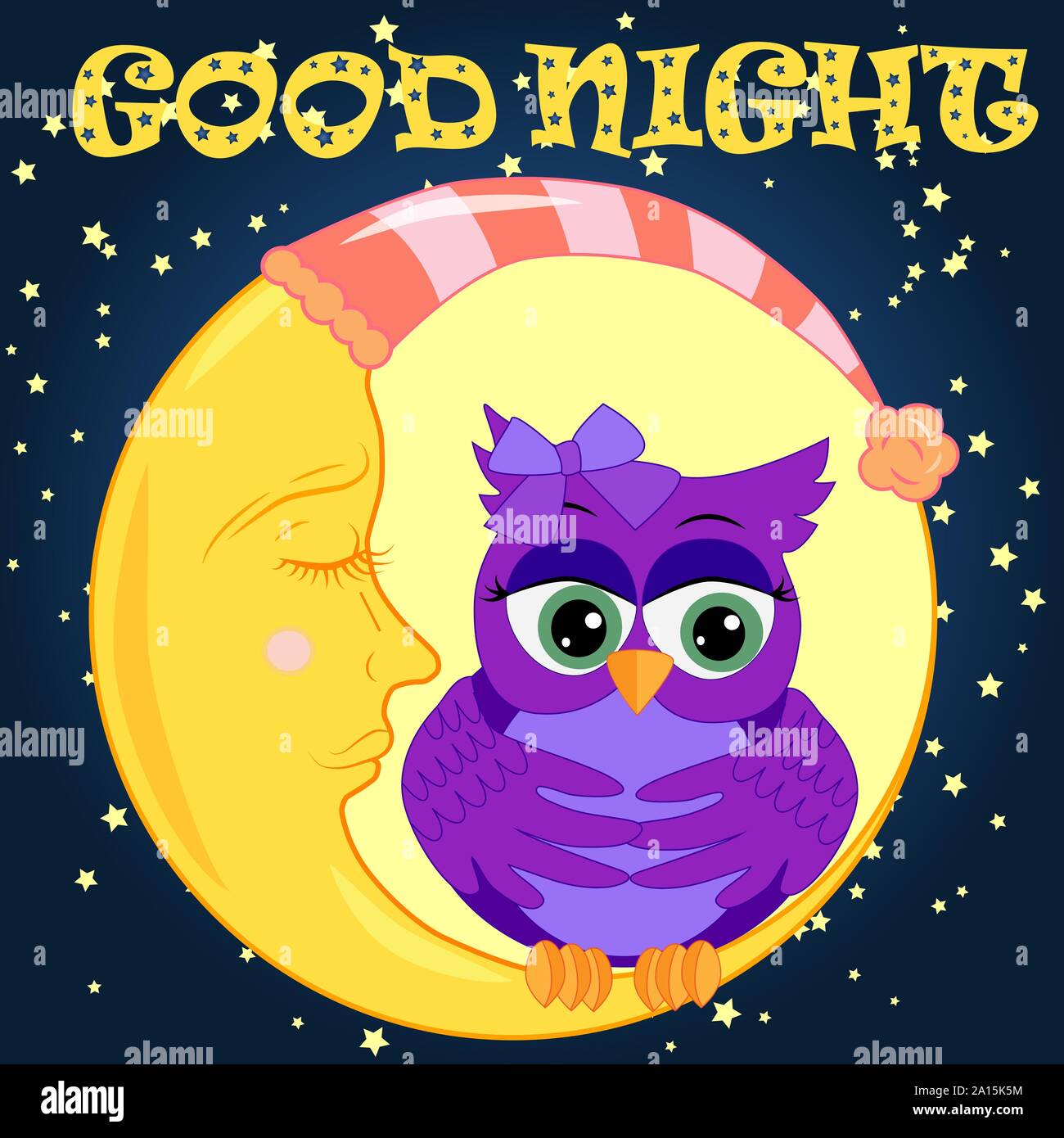 Good night card with sleeping moon and cute owl. Cute cartoon owl coquettish sitting dormant on the crescent against the night sky with stars Stock Vector Image & Art - Alamy Good night card with sleeping moon and cute owl. Cute cartoon owl coquettish sitting dormant on the crescent against the night sky with stars Stock Vector Image & Art - Alamy