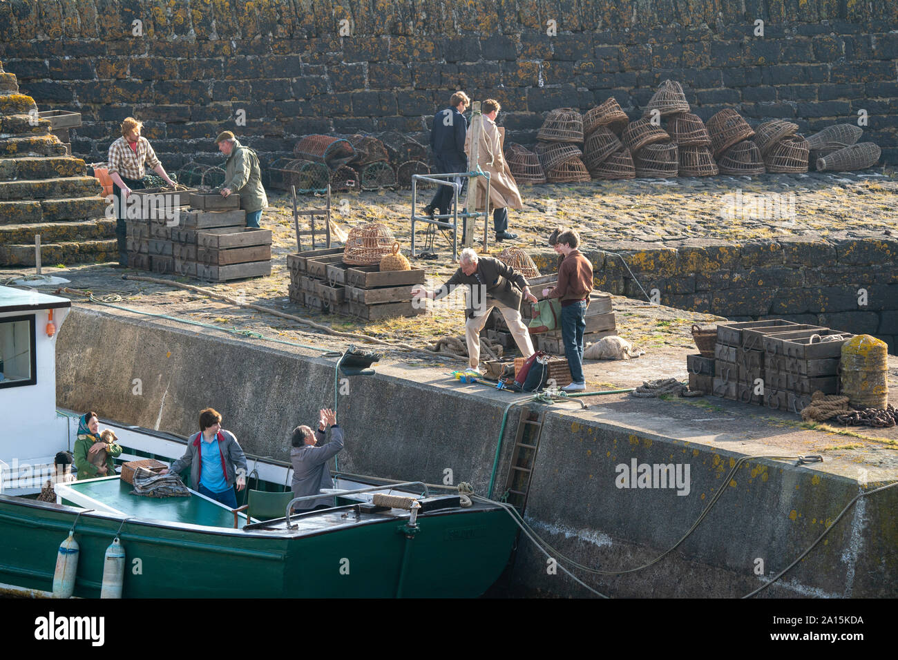 22 September 2019. Keiss Harbour, Highlands, Scotland, UK. This is a scene from the filming of The Crown re the Lord Mountbatten Murder in Ireland. Stock Photo