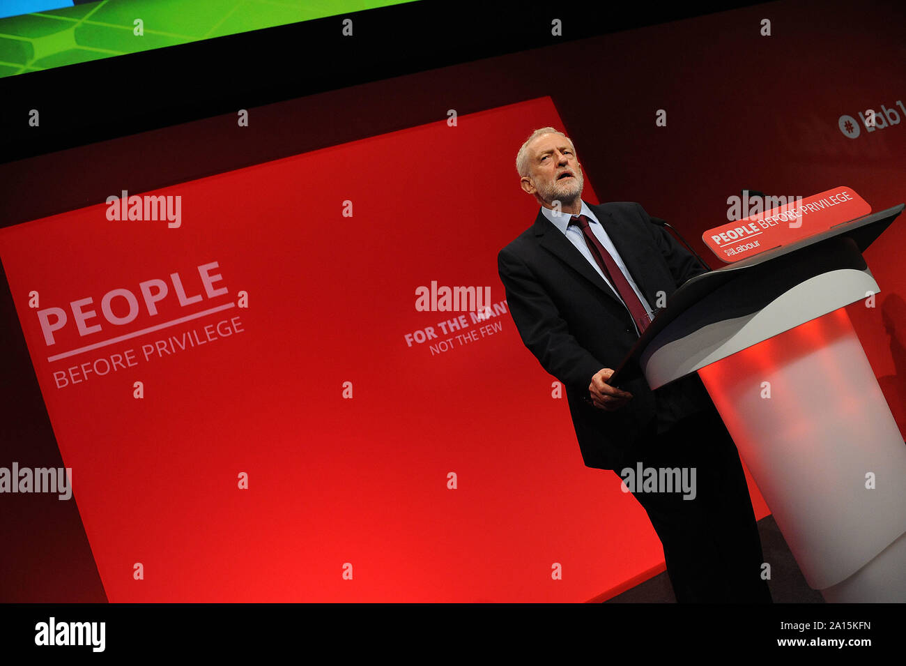 Brighton, UK. 24th Sep, 2019. Jeremy Corbyn Leader of the Labour Party, takes to the stage to announce the breaking news to delegates, that the Supreme Court has just ruled that the Conservative governmentsÕ proroguing of parliament was 'unlawful void and of no effectÕÕ. Jeremy Corbyn called on the Prime Minister, Boris Johnson 'to consider his position', during the fourth day of the Labour Party annual conference at the Brighton Centre. Credit: Kevin Hayes/Alamy Live News Stock Photo