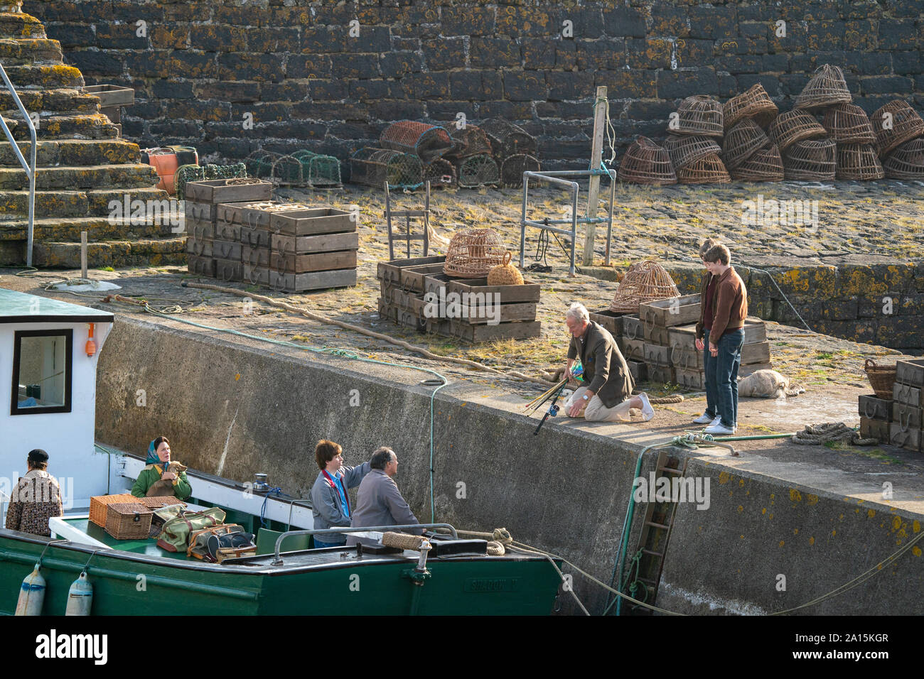 22 September 2019. Keiss Harbour, Highlands, Scotland, UK. This is a scene from the filming of The Crown re the Lord Mountbatten Murder in Ireland. Stock Photo