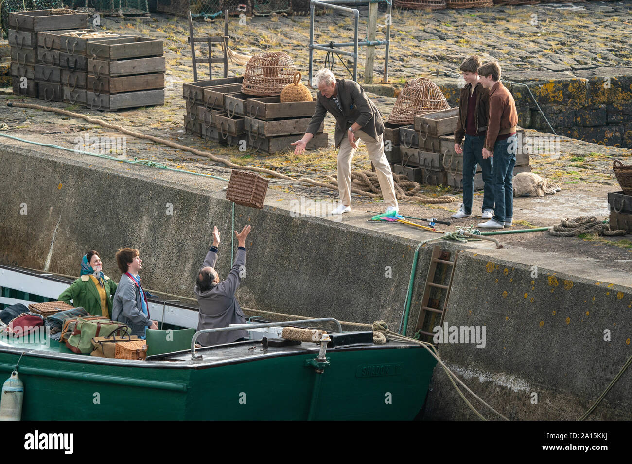 22 September 2019. Keiss Harbour, Highlands, Scotland, UK. This is a scene from the filming of The Crown re the Lord Mountbatten Murder in Ireland. Stock Photo