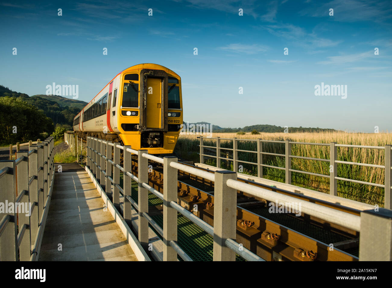 Public Transport in the UK: A Transport for Wales DMU [diesel multiple unit] local train approaching  Dyfi Junction station halt  on a sunny summer morning, Wales UK Stock Photo