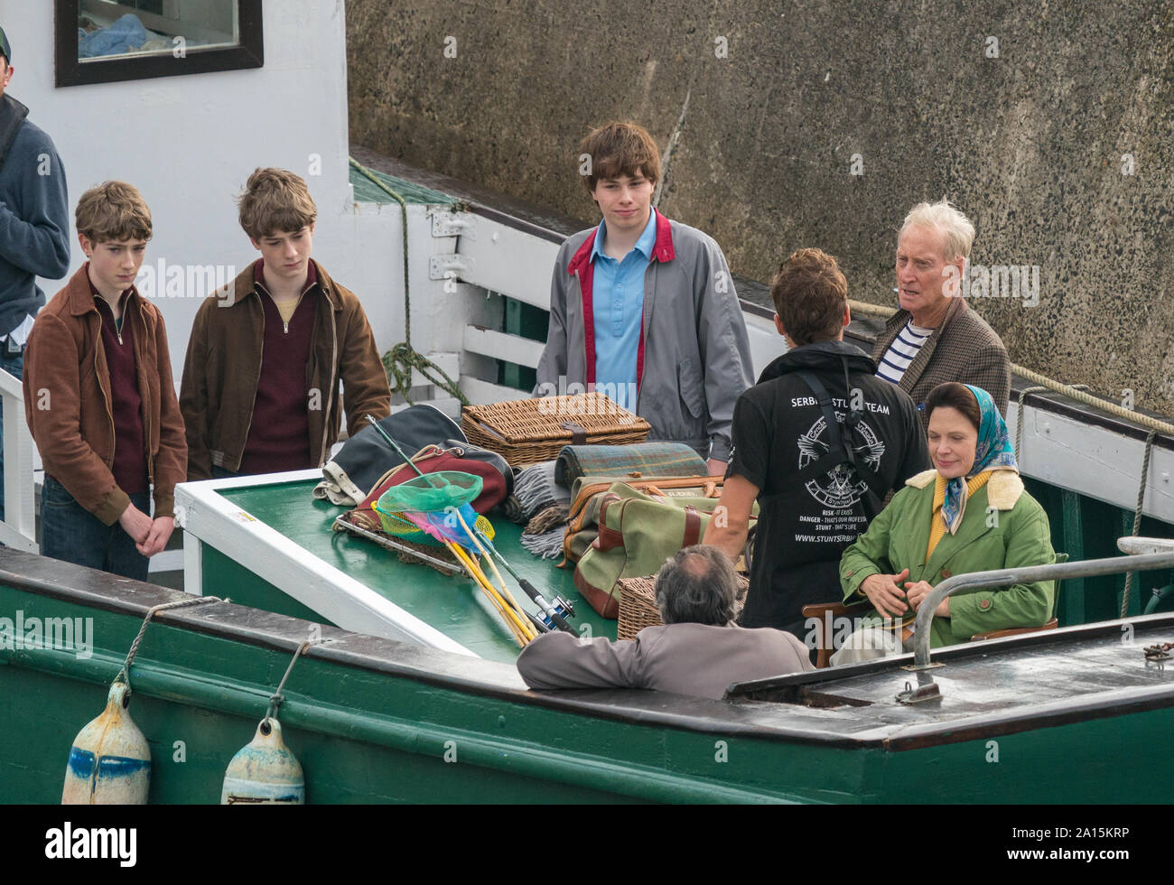 22 September 2019. Keiss Harbour, Highlands, Scotland, UK. This is a scene from the filming of The Crown re the Lord Mountbatten Murder in Ireland. Stock Photo