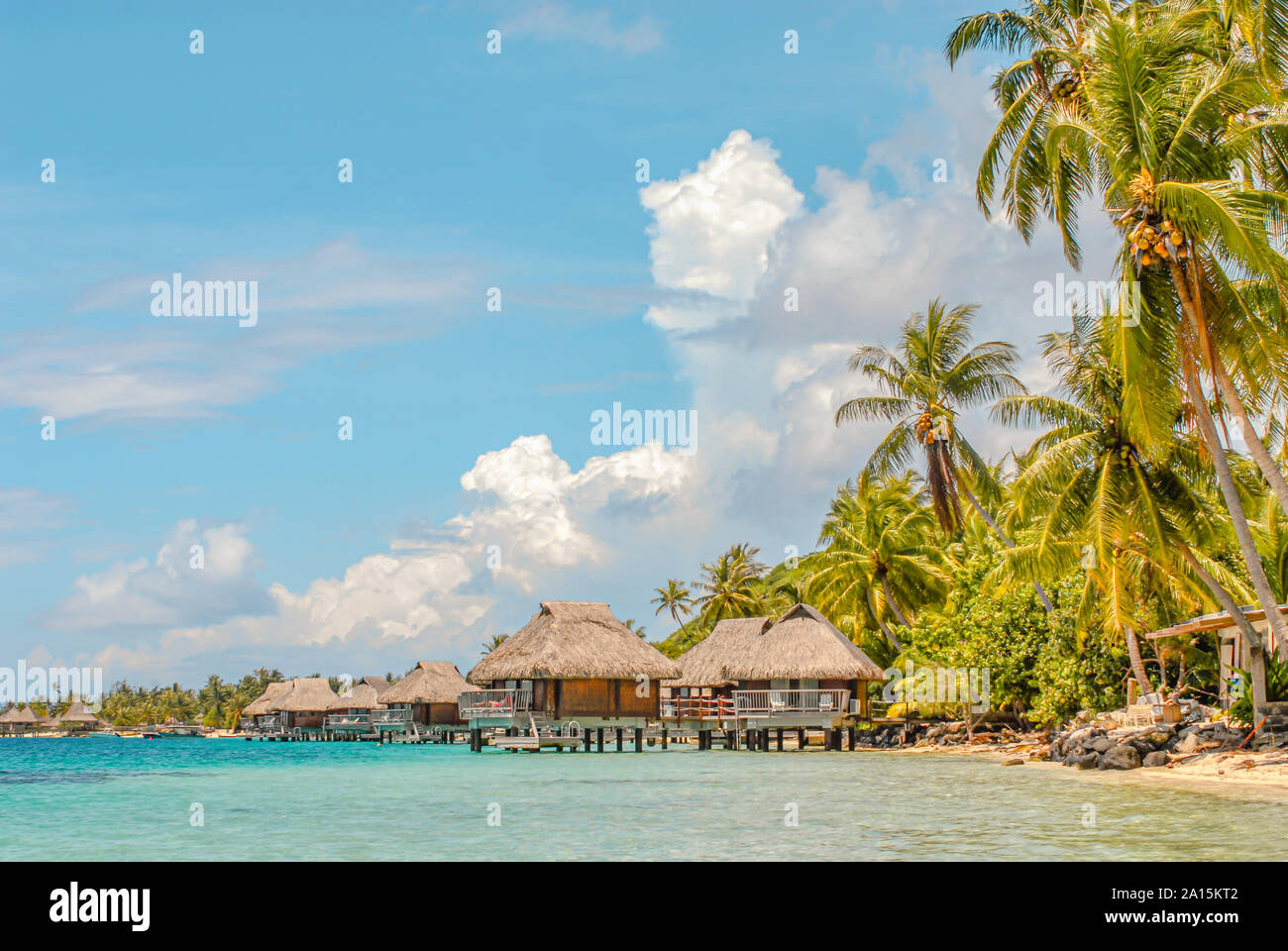 Island resort in a lagoon at Bora Bora Island, French Polynesia Stock Photo