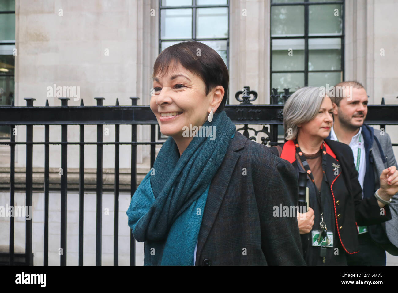 London, United Kingdom - 24 September 2019 . Caroline Lucas MP gives a media interview outside the Supreme Court after a ruling by 11 judges found  Prime Minister Boris Johnson had acted unlawfully by suspending Parliament and misleading The Queen. Credit: amer ghazzal/Alamy Live News Stock Photo