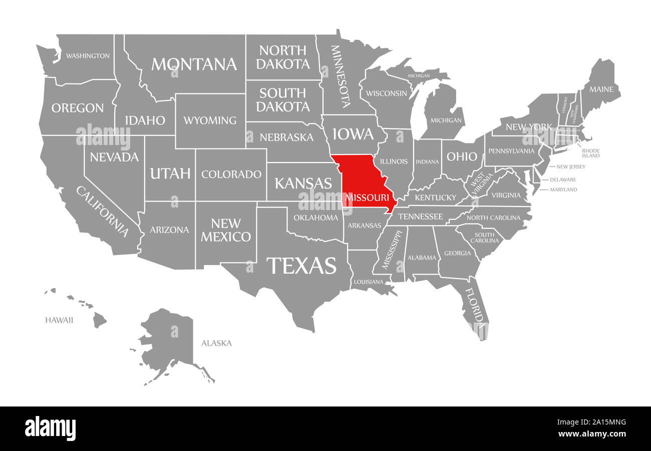 Missouri red highlighted in map of the United States of America Stock Photo