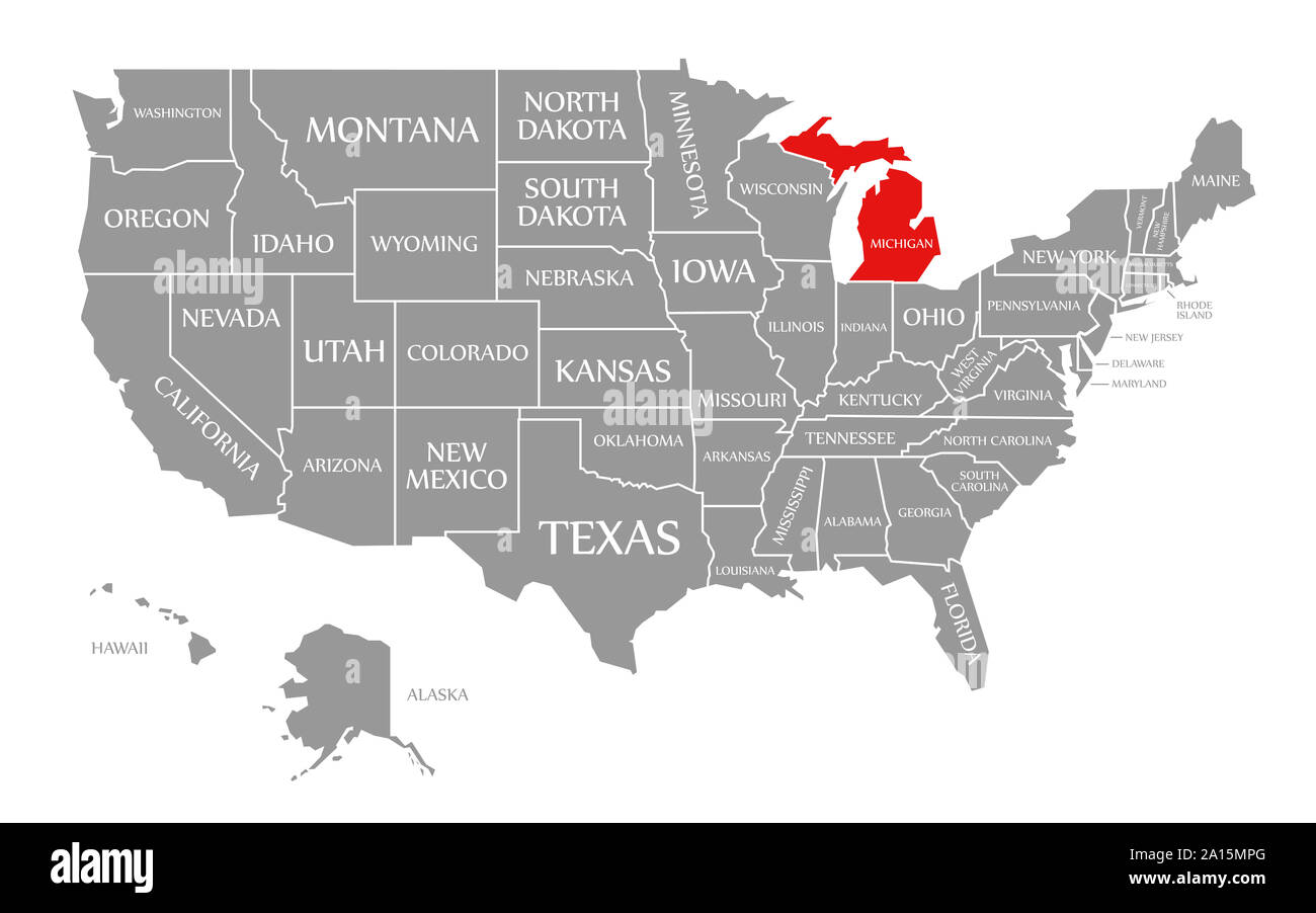 Michigan Red Highlighted In Map Of The United States Of America Stock