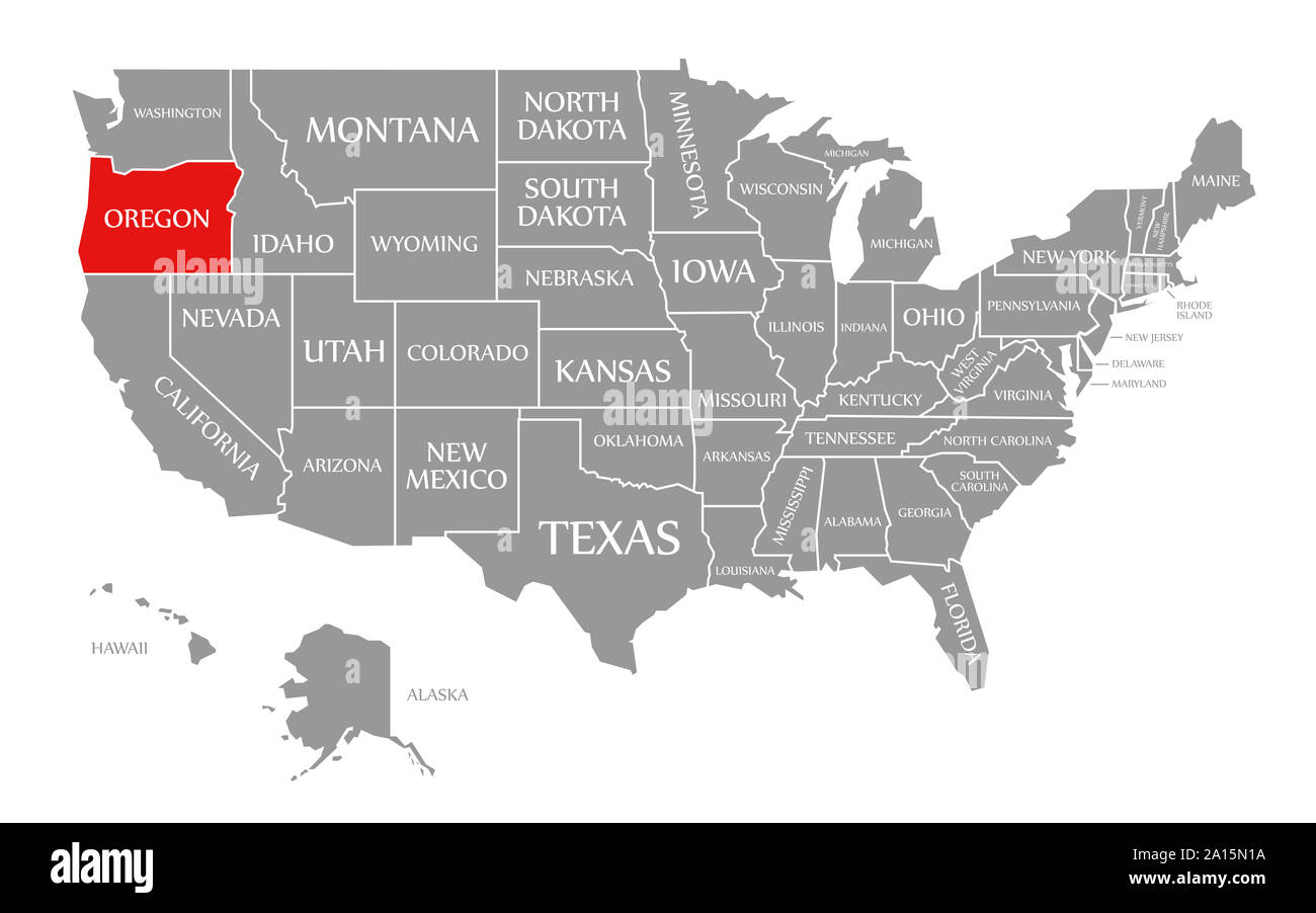 Oregon red highlighted in map of the United States of America Stock Photo