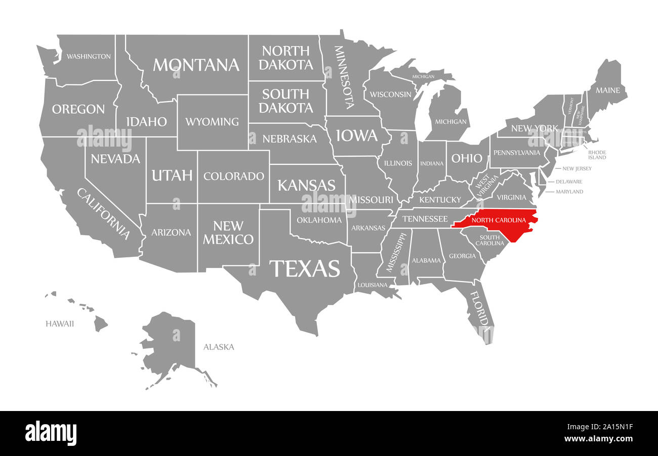 North Carolina Red Highlighted In Map Of The United States Of