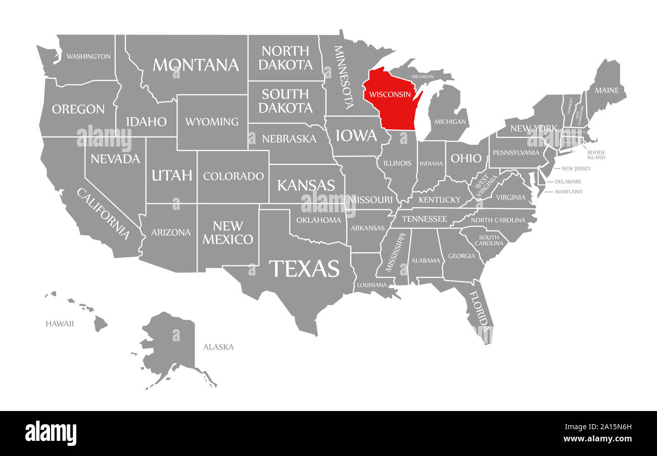 Wisconsin Red Highlighted In Map Of The United States Of America