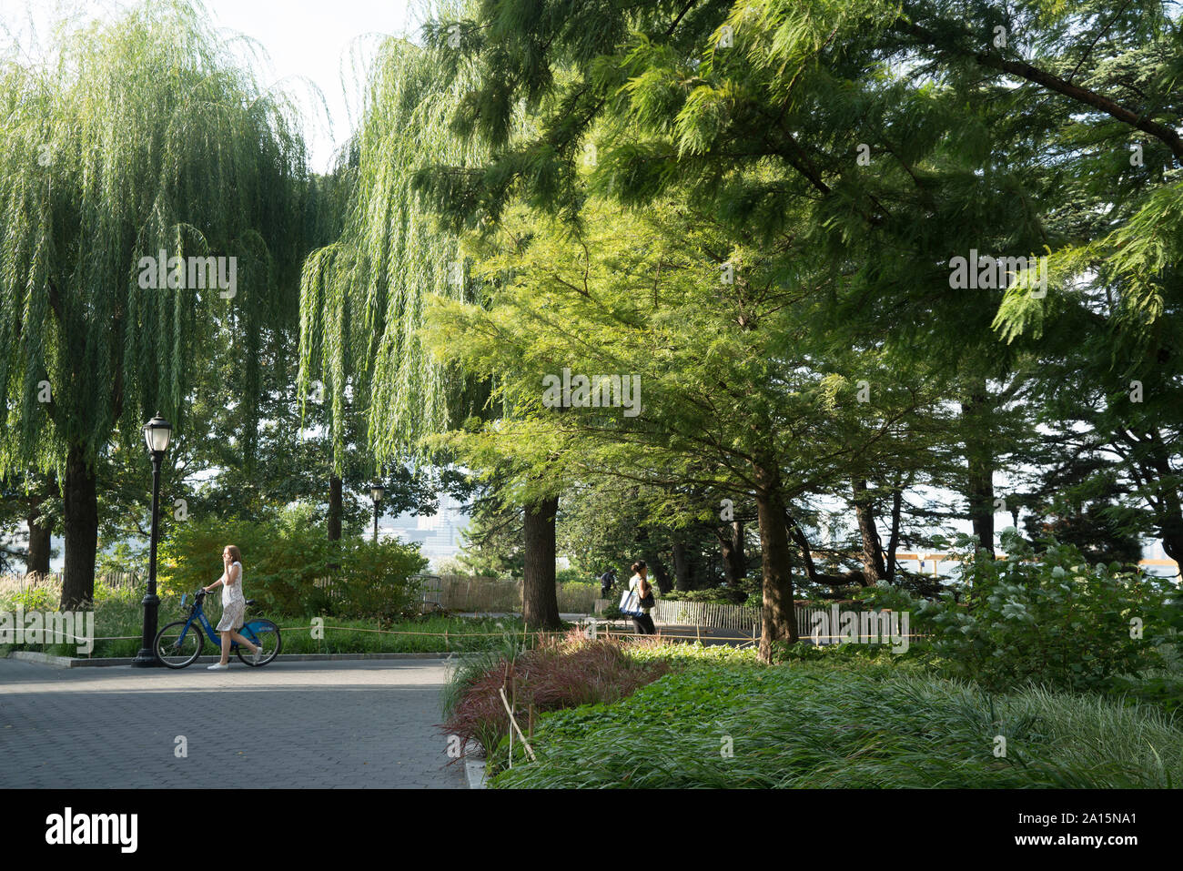 South Cove in Battery Park City, a neighborhood in Manhattan, as it looked on a warm afternoon in early fall. Stock Photo