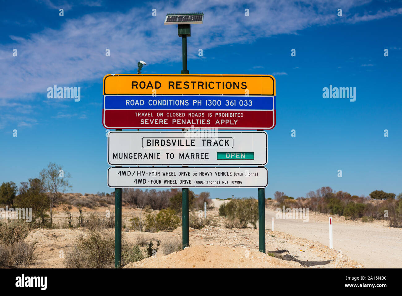 Leaving Mungeranie heading south, this road restrictions sign informs drivers if the remainder Leaving Mungeranie heading south, this road restrictions sign informs drivers if the remainder