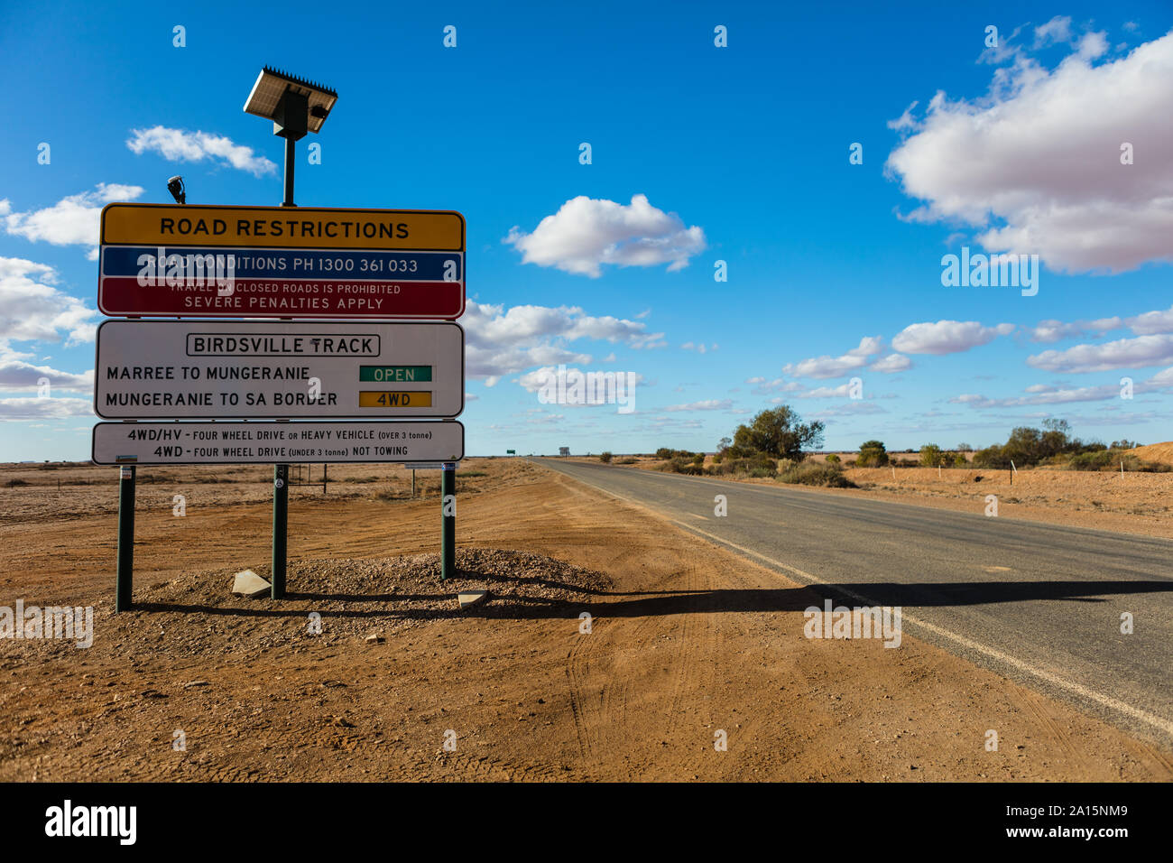Leaving Marree the road restriction sign informs drivers what sections of the track are open to Leaving Marree the road restriction sign informs drivers what sections of the track are open to