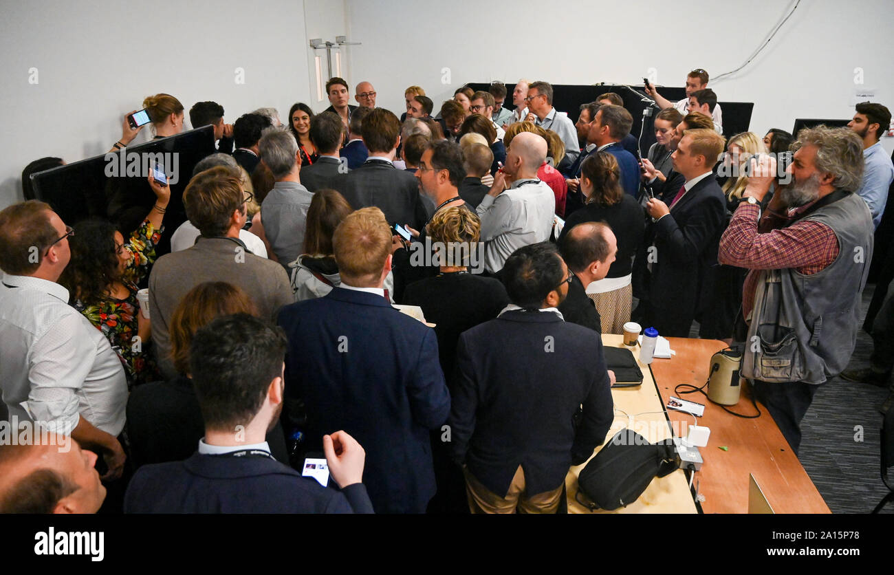 Brighton UK 24 September 2019 - The Media room is packed as the Labour Party announce that Jeremy Corbyn will make his speech this afternoon rather that tomorrow at the Labour Party Conference in Brighton . Credit : Simon Dack / Alamy Live News Stock Photo