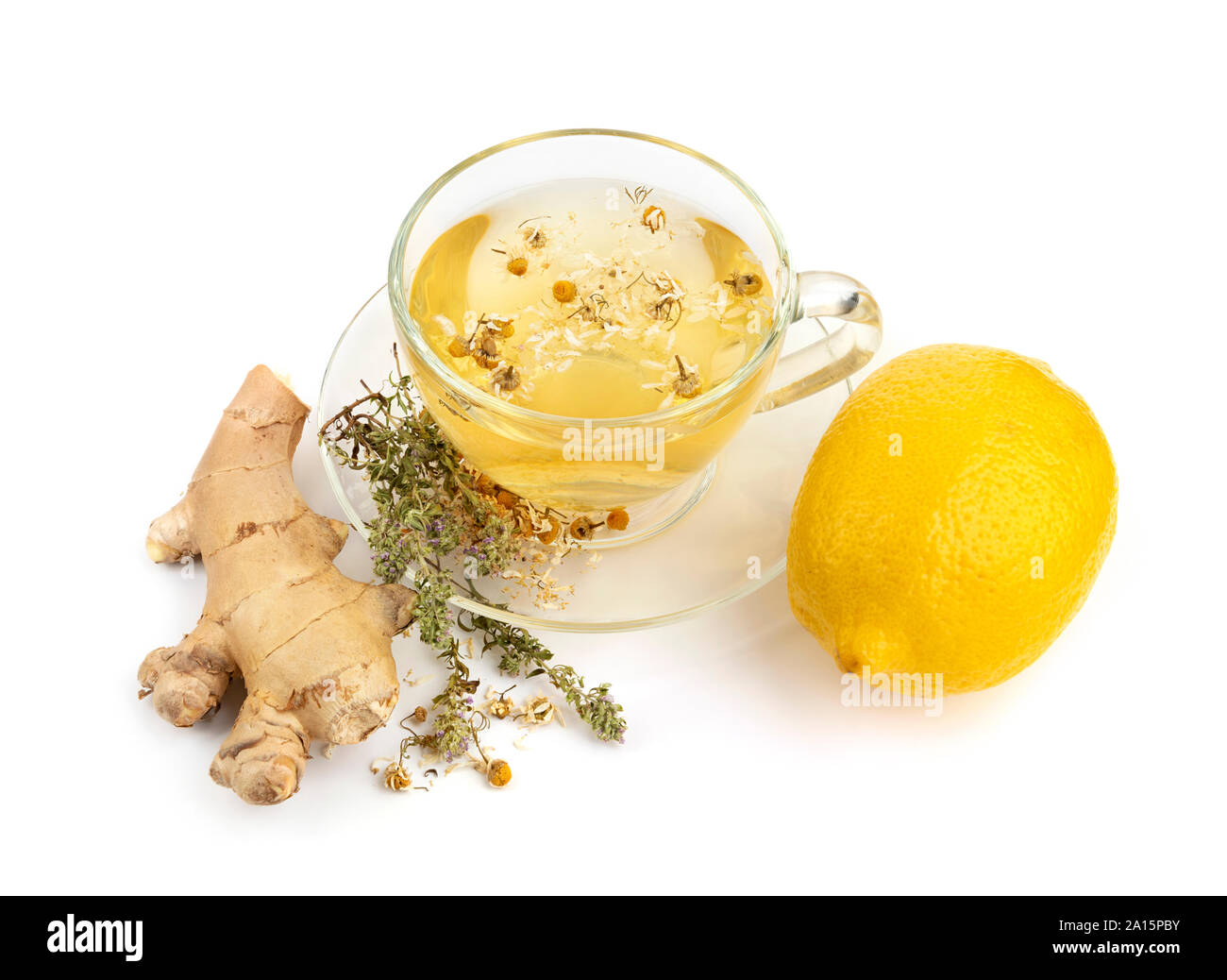 Hot herbal tea with chamomile, ginger and lemon isolated on white with soft shadow Stock Photo