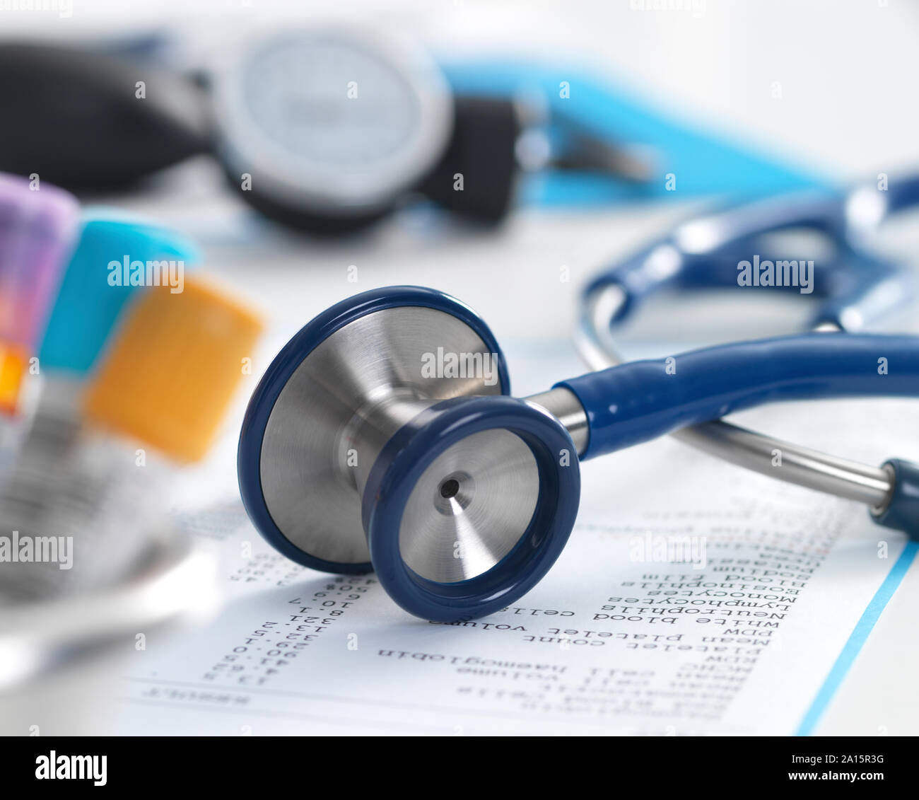 Health Screening, A stethoscope on a patients blood results after a a consultation Stock Photo