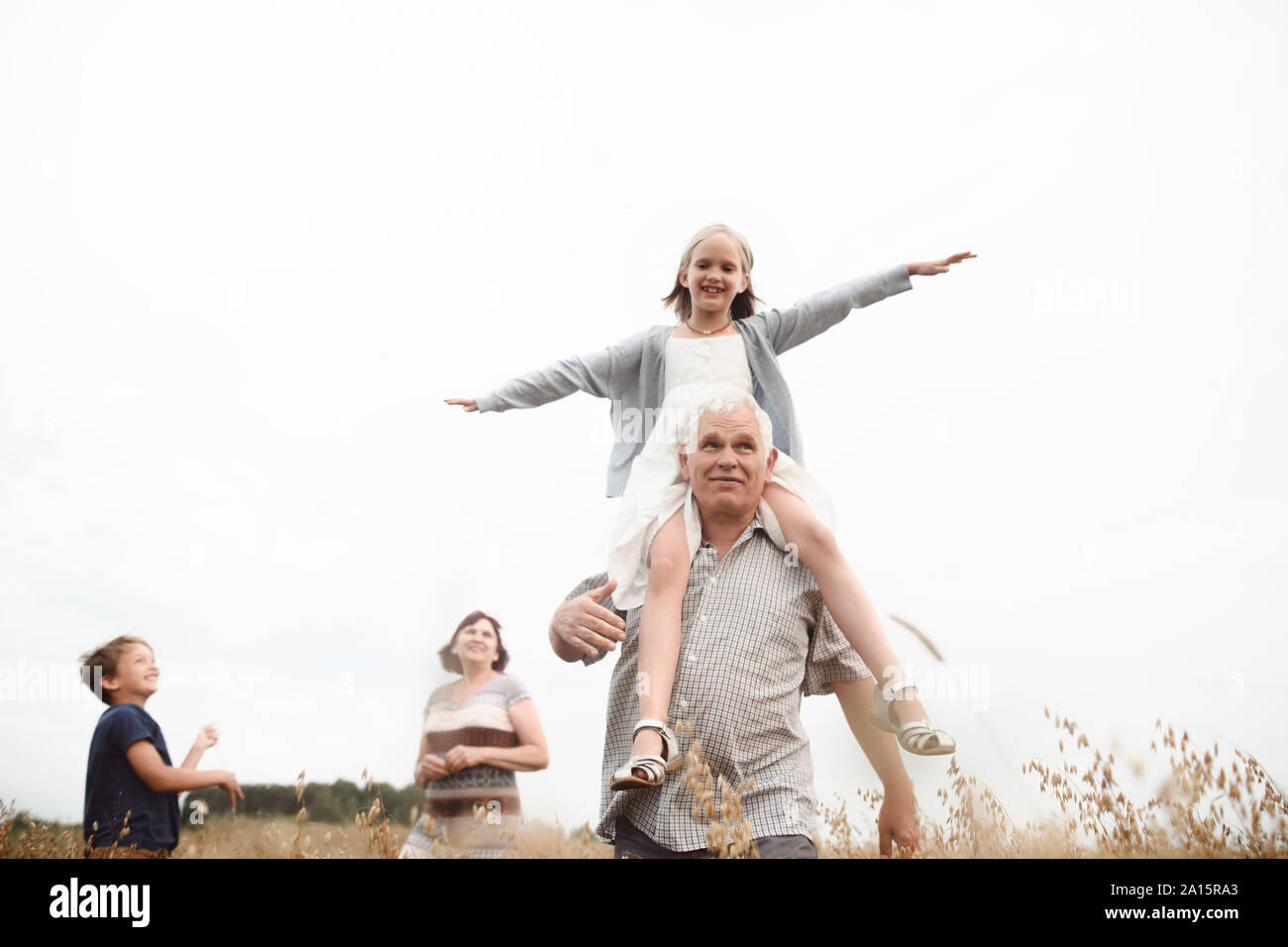 Happy girl sitting on her grandfather's shoulders in nature with brother and grandmother in the background Stock Photo