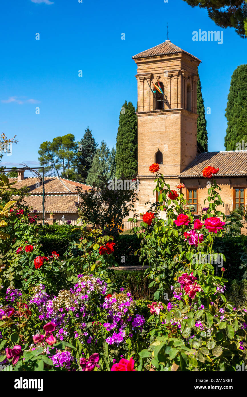 Fresh flowers blooming at historic Alhambra palace against blue sky on sunny day Stock Photo