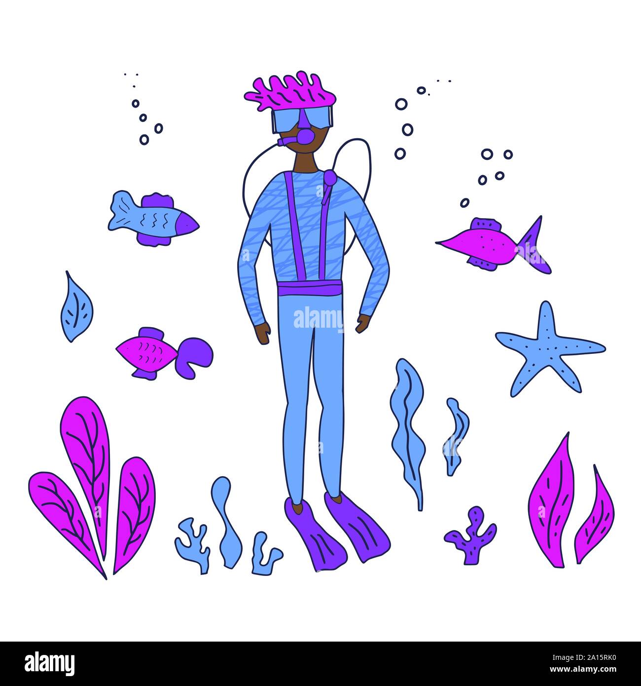 Scuba diver isolated on white background. Young man with mask and aqualung. Vector character in doodle style. Stock Vector