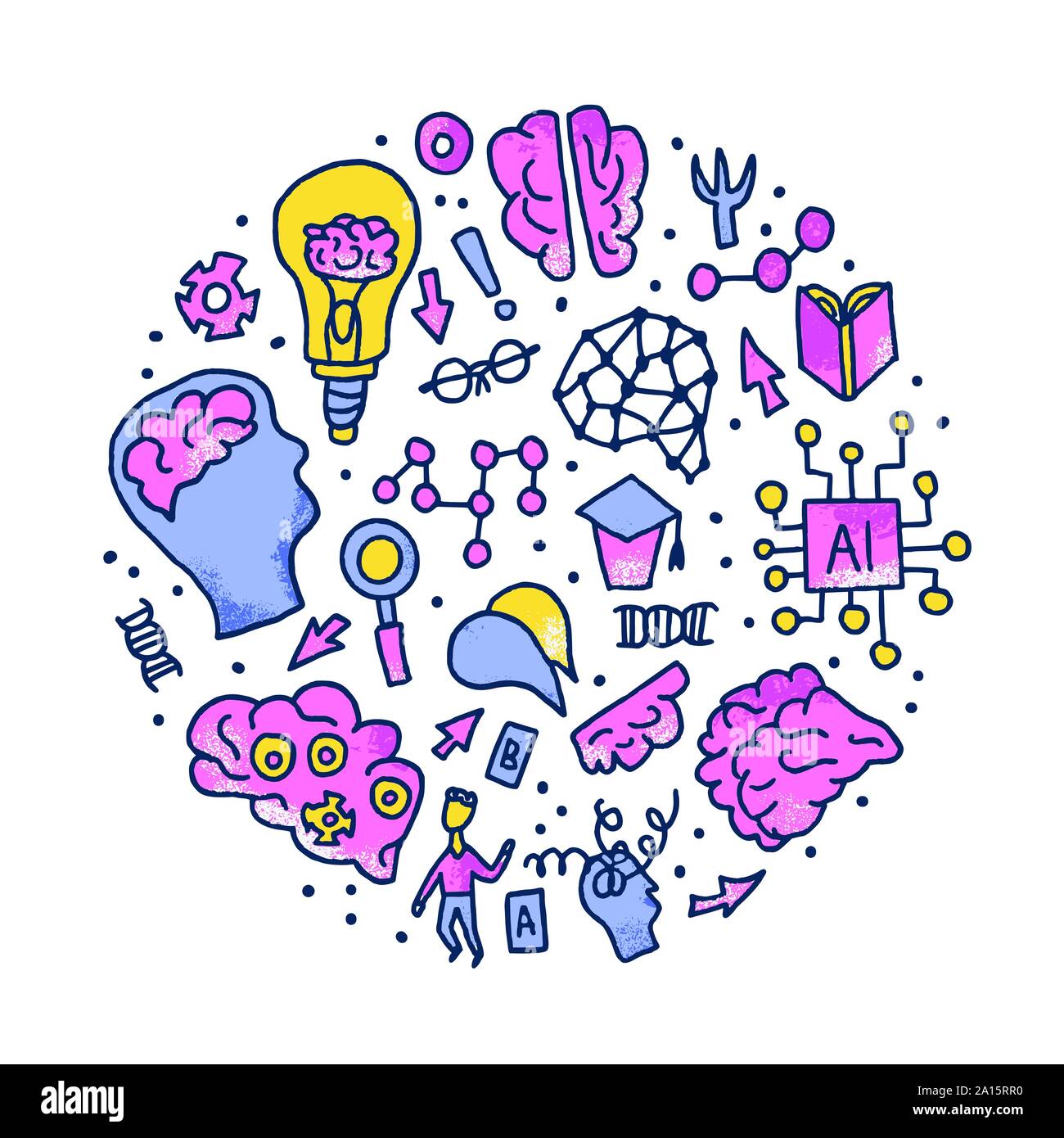 Cognitive science round concept. Set of vector elements in doodle style