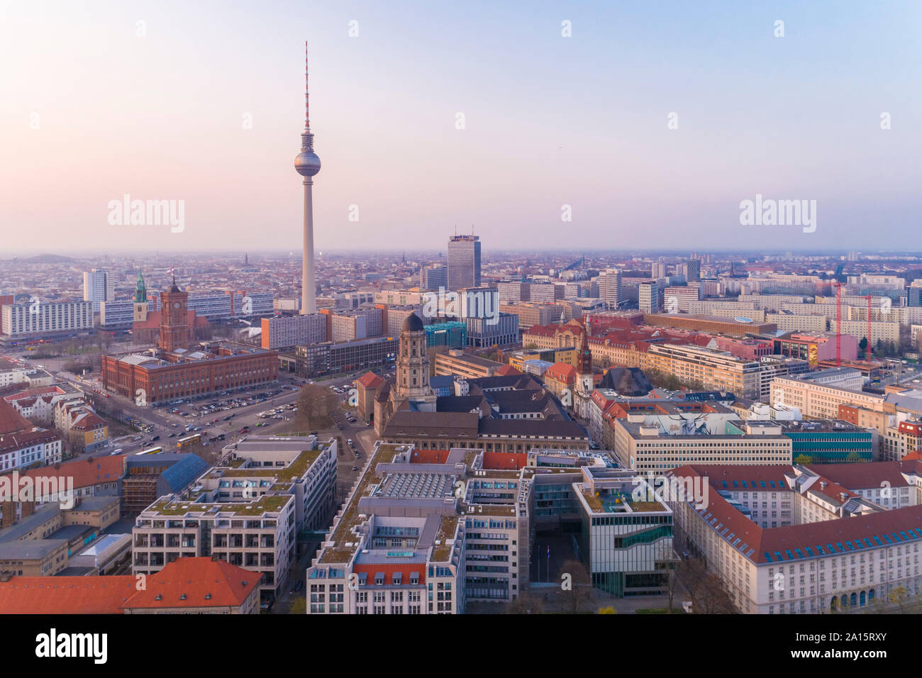 High angle view of Fernsehturm in Berlin city against sky Stock Photo