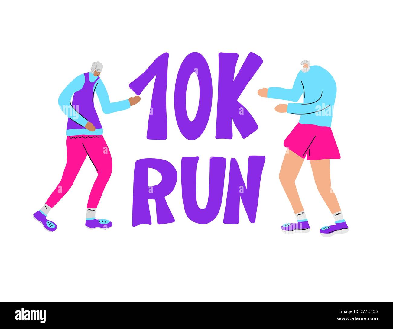 10K run text with senior couple runners. Vector illustration. Stock Vector