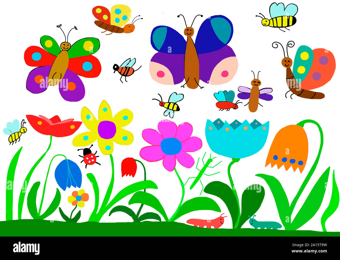 Child's drawing of insects on flower meadow Stock Photo - Alamy