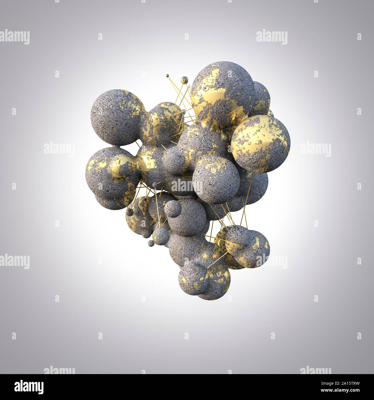 Rendering of concrete spheres with gold veins Stock Photo