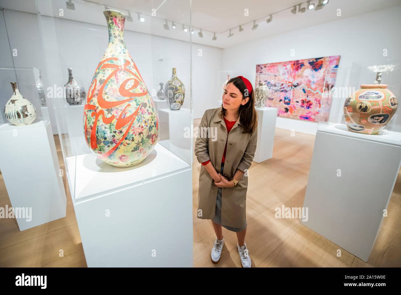 London, UK. 24th Sep 2019. Grayson Perry: Super Rich Interior Decoration a new exhibtion at Victoria Miro. The new work including pots, sculpture, large-scale prints, a tapestry and a carpet. For the first time, this work sees Perry working with material from the photographers Richard Young and Martin Parr and Eleni Parousi. Credit: Guy Bell/Alamy Live News Stock Photo