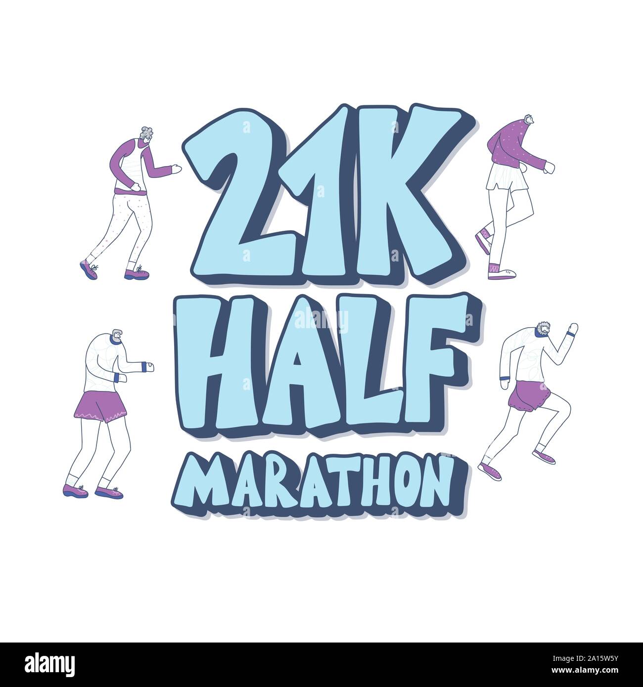 21K half marathon text with tiny senior runners. Vector illustration. Stock Vector