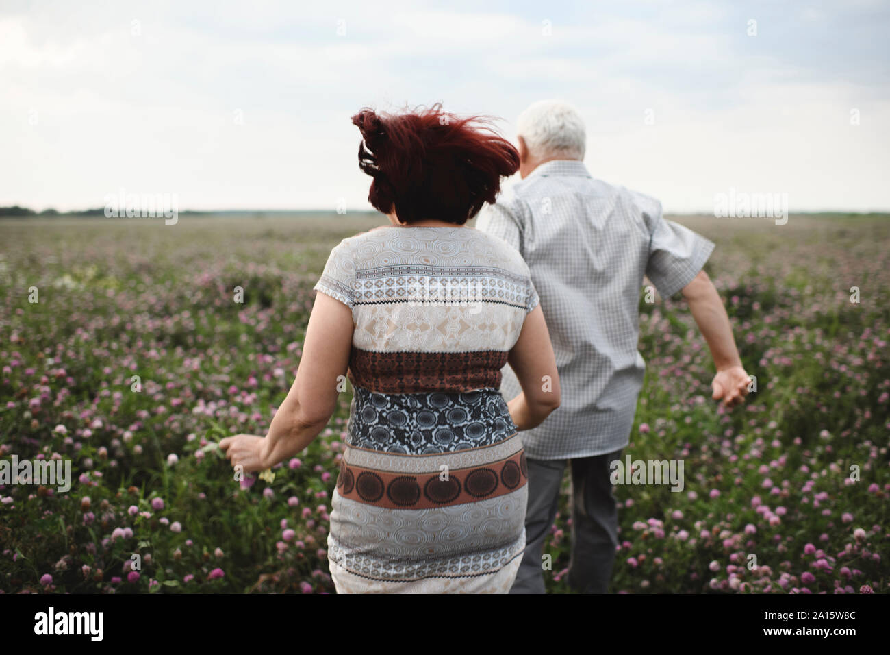 Back view of senior couple running on flower meadow Stock Photo