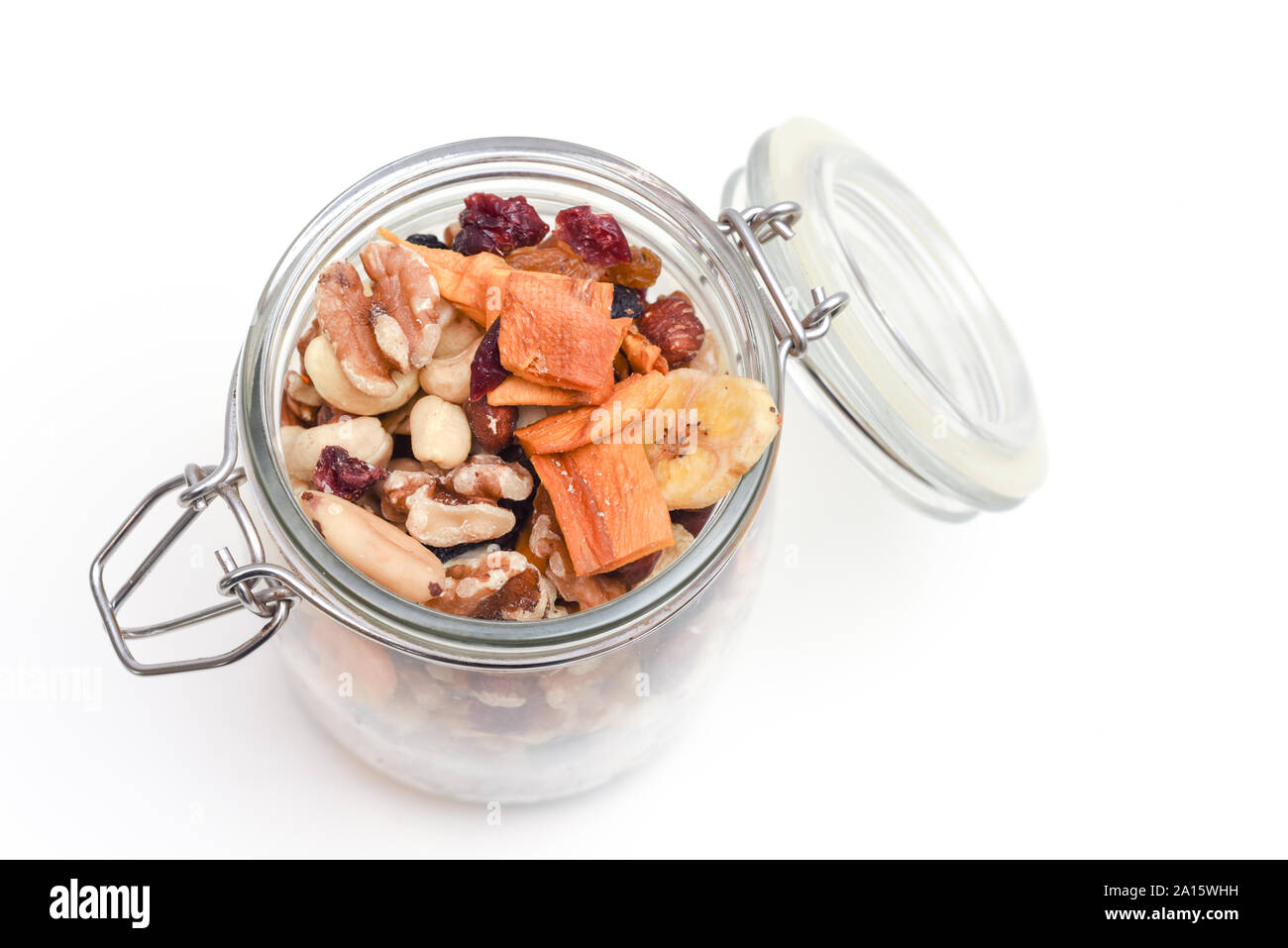 Healthy snack food trail mix of mixed nuts and dried fruits Stock Photo