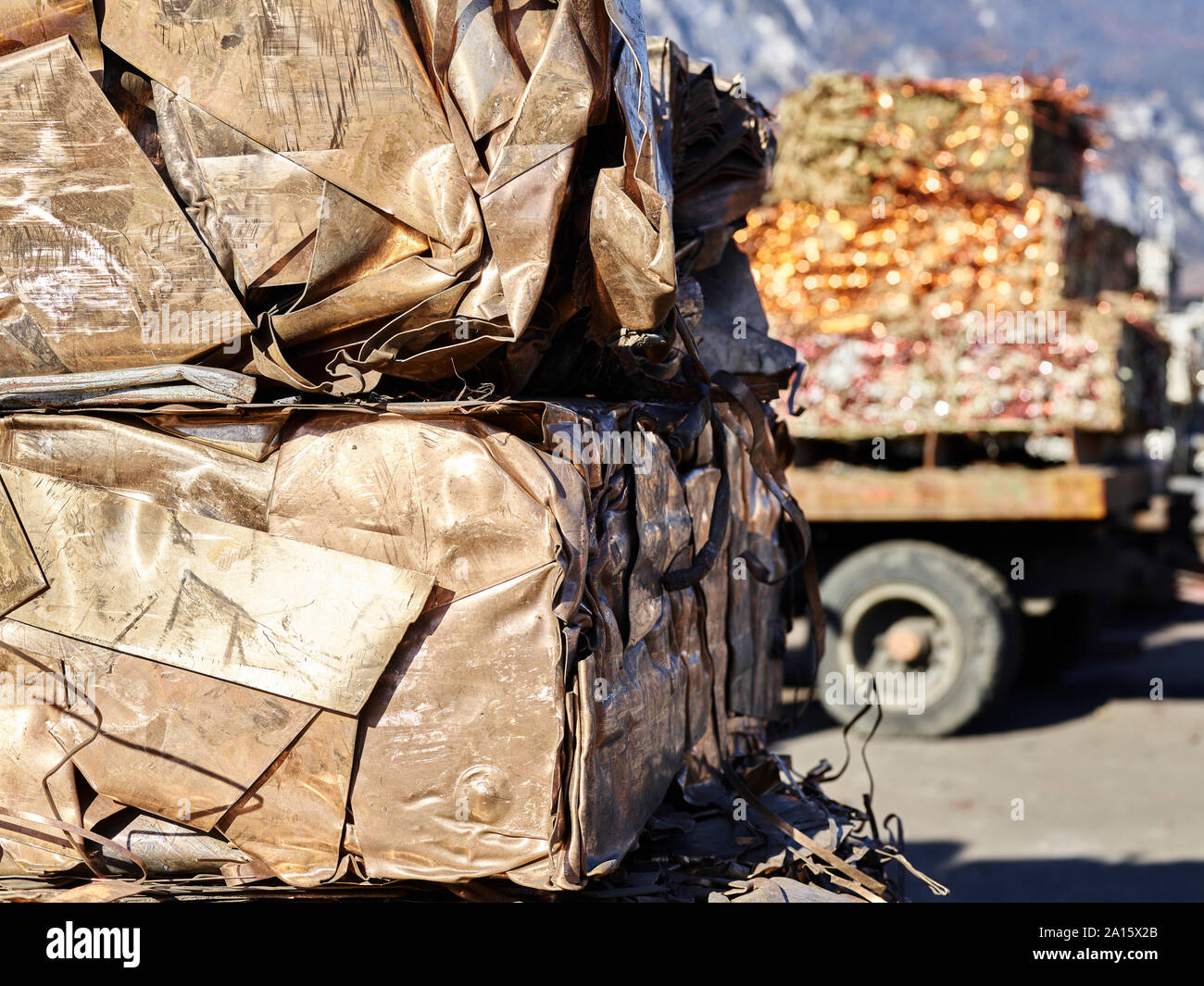 Austria, Tyrol, Brixlegg, Close-up of pressed electronic scrap packages Stock Photo