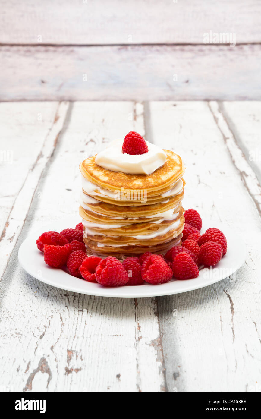 Low carb pancakes with raspberries Stock Photo