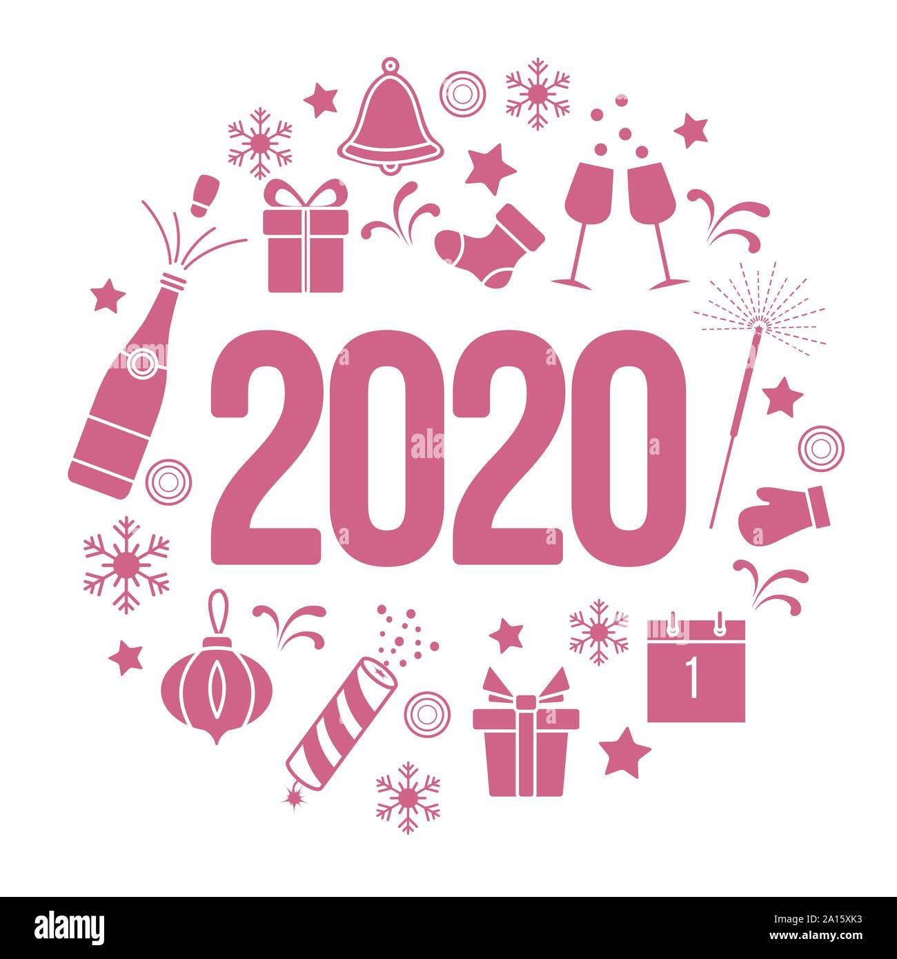 Happy New Year 2020 card. Gift boxes, bottle, glasses, Christmas sock, gingerbread bell, poppers, sparkler, mitten, calendar, snowflakes. Design for p Stock Vector