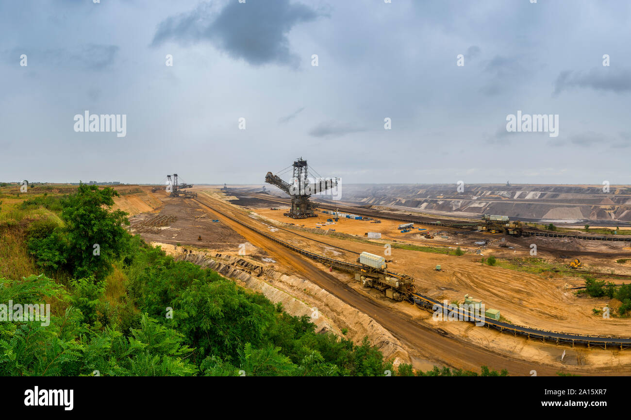 Panoramic view over brown coal opencast mine Garzweiler, Germany Stock Photo