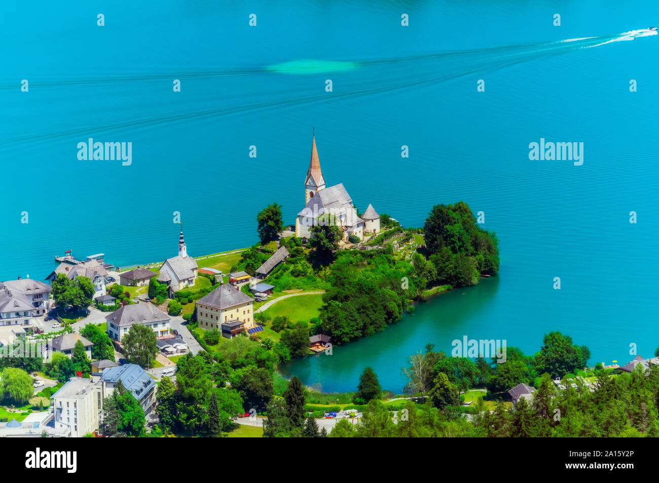 High angle view of church from Pyramidenkogel tower at Woerthersee Stock Photo