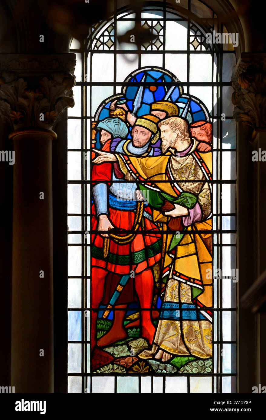 London, England UK. Church of St Michael, Cornhill. Stained glass window: Judas points out Jesus. (Clayton and Bell; 1858) 30 pieces of silver Stock Photo