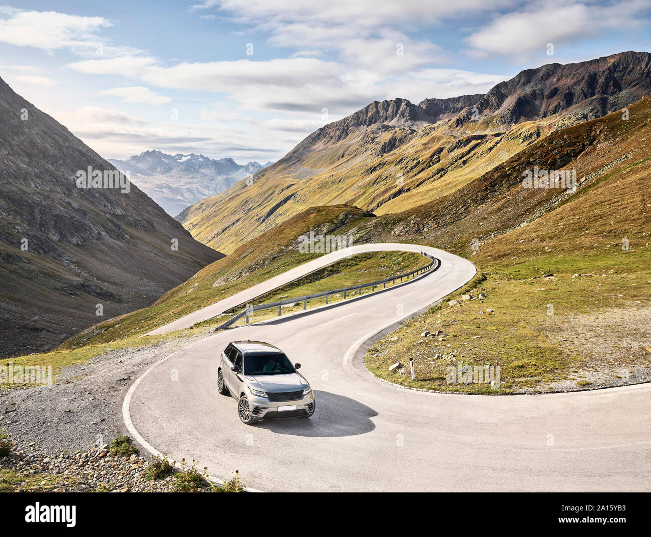 Sports Utility Vehicle on high alpine road, Timmelsjoch, Tyrol, Austria Stock Photo